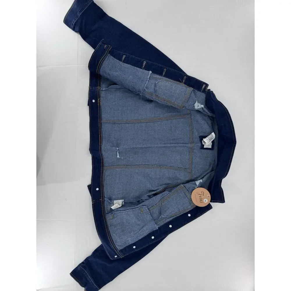 Jvini Denim Jacket Women’s Sz M Dark Wash Distressed Button Pockets Casual - Picture 4 of 14